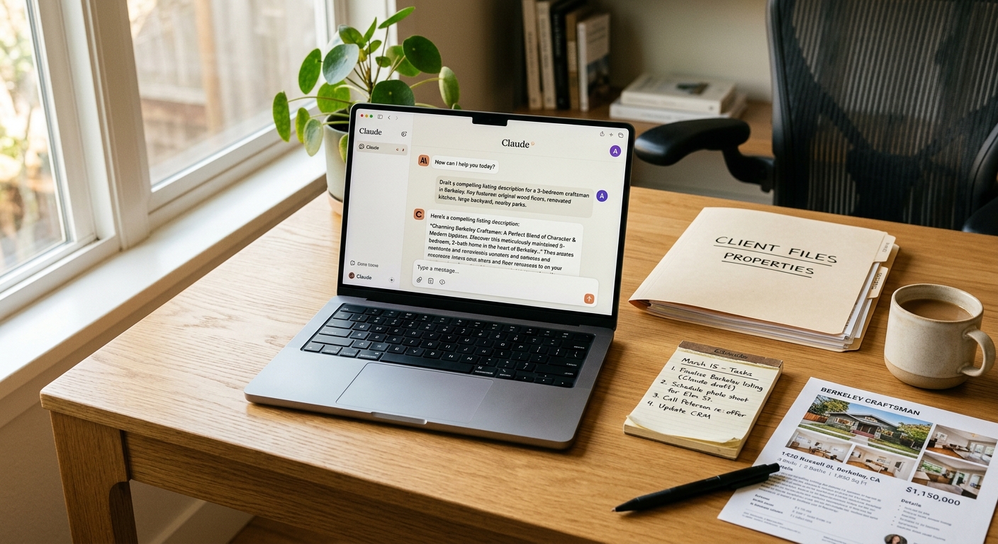 Claude AI interface open on a MacBook with real estate files beside it